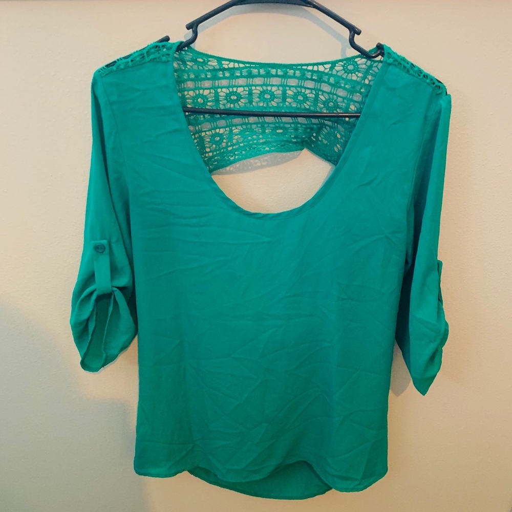 Teal Open Back Lace Blouse